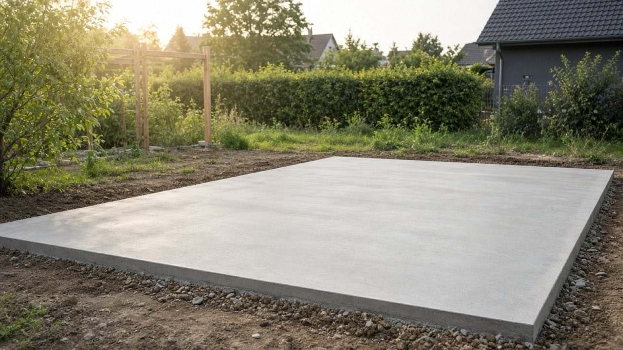 Fertig betonierte Bodenplatte im Garten für Garage oder Gartenhaus