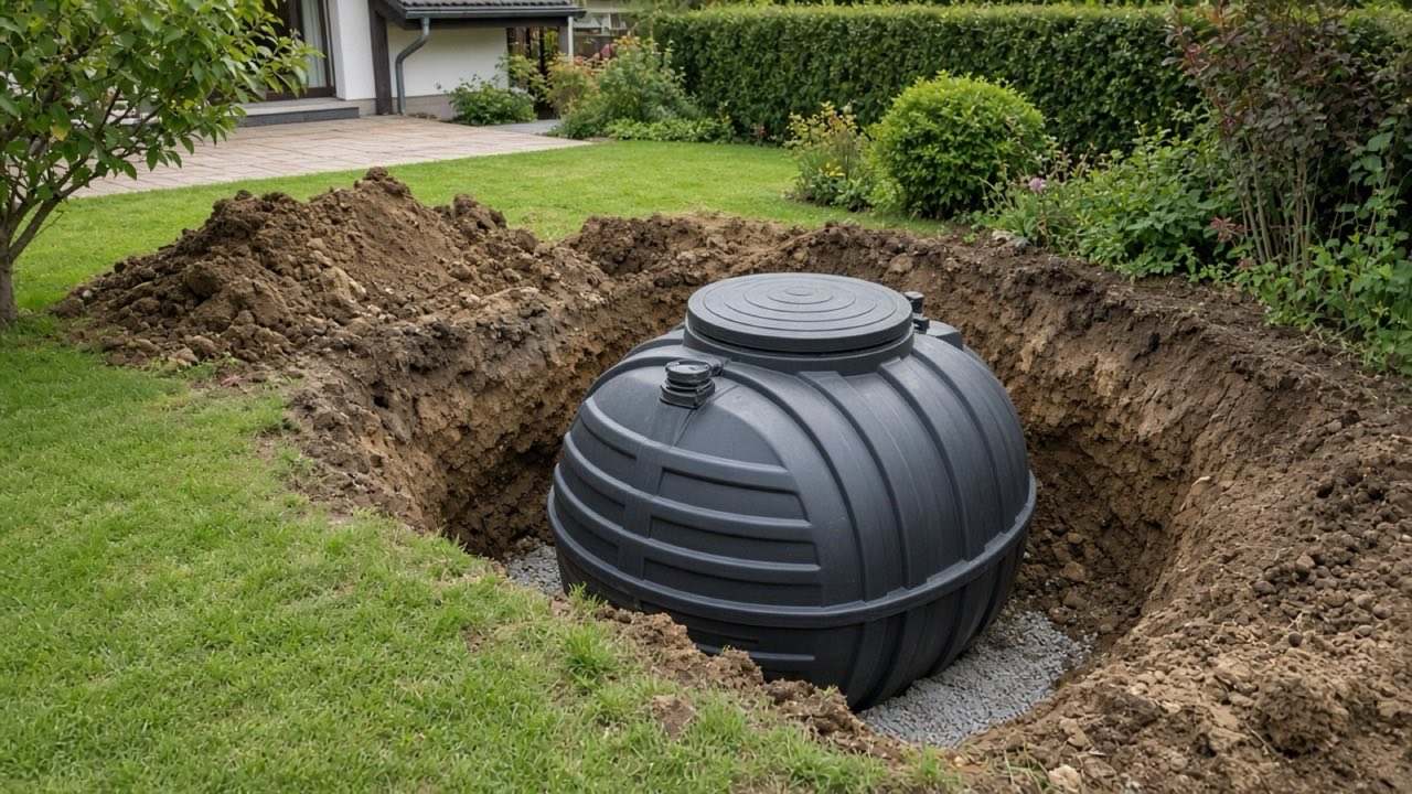 Einbau einer Regenwasserzisterne in einer ausgehobenen Baugrube im Garten
